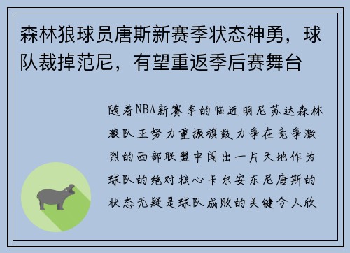 森林狼球员唐斯新赛季状态神勇，球队裁掉范尼，有望重返季后赛舞台