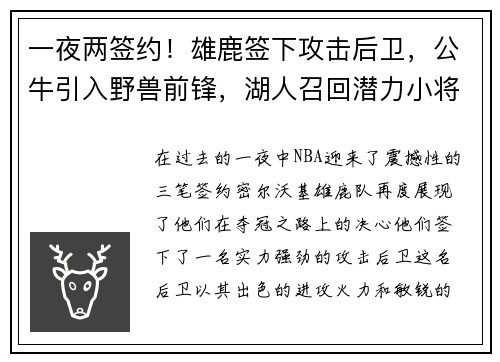 一夜两签约！雄鹿签下攻击后卫，公牛引入野兽前锋，湖人召回潜力小将