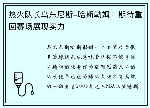 热火队长乌东尼斯-哈斯勒姆：期待重回赛场展现实力