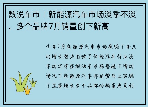 数说车市丨新能源汽车市场淡季不淡，多个品牌7月销量创下新高