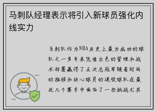 马刺队经理表示将引入新球员强化内线实力