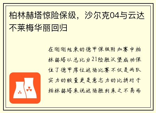 柏林赫塔惊险保级，沙尔克04与云达不莱梅华丽回归